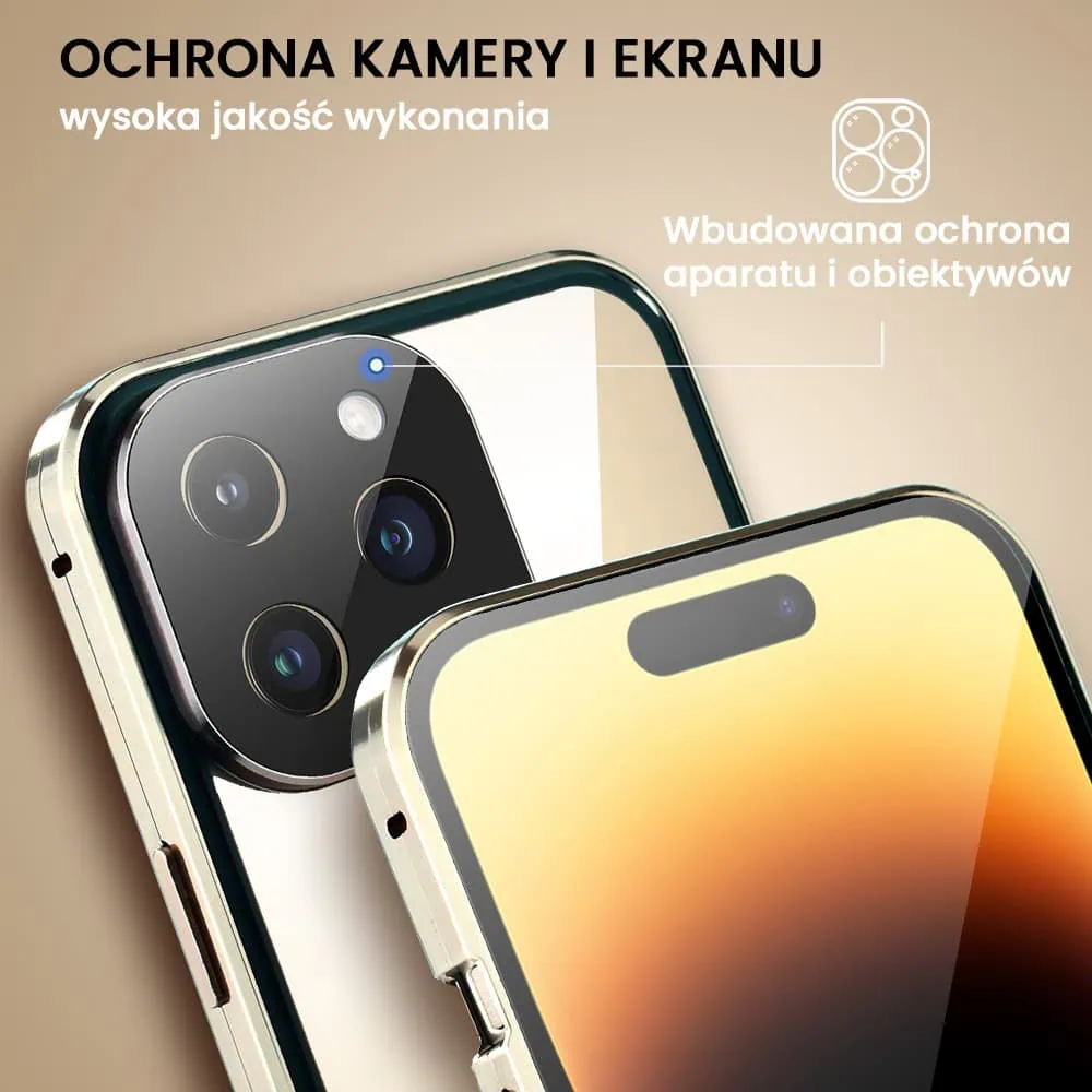 Obudowa do iPhone 14 Pro, podwójna szyba i aluminium 360° przód + tył magnetyczna, z osłoną aparatu i szkłem prywatyzującym, złota