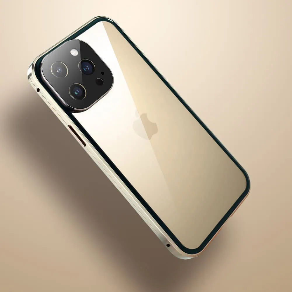 Obudowa do iPhone 14 Pro, podwójna szyba i aluminium 360° przód + tył magnetyczna, z osłoną aparatu i szkłem prywatyzującym, złota