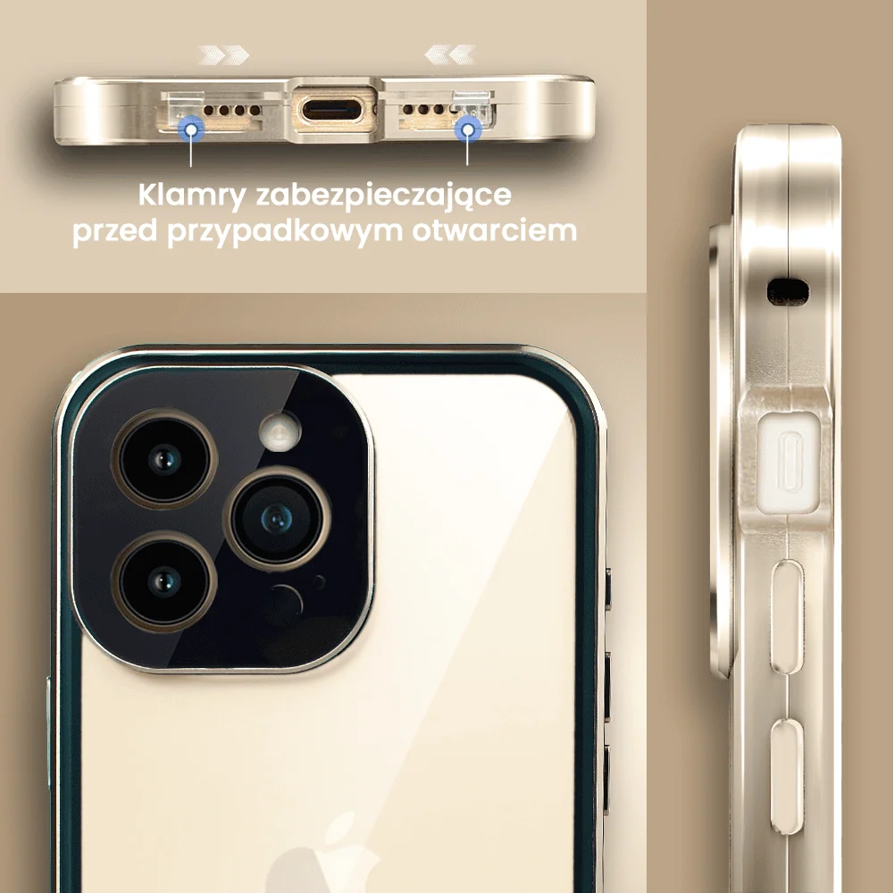 Obudowa do iPhone 14 Pro, podwójna szyba i aluminium 360° przód + tył magnetyczna, z osłoną aparatu i szkłem prywatyzującym, złota
