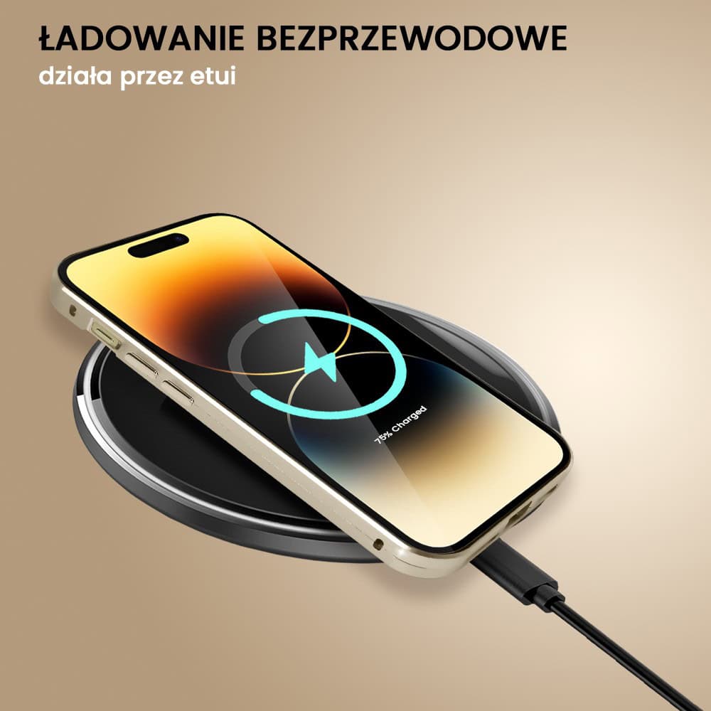 Obudowa do iPhone 14 Pro, podwójna szyba i aluminium 360° przód + tył magnetyczna, z osłoną aparatu i szkłem prywatyzującym, złota