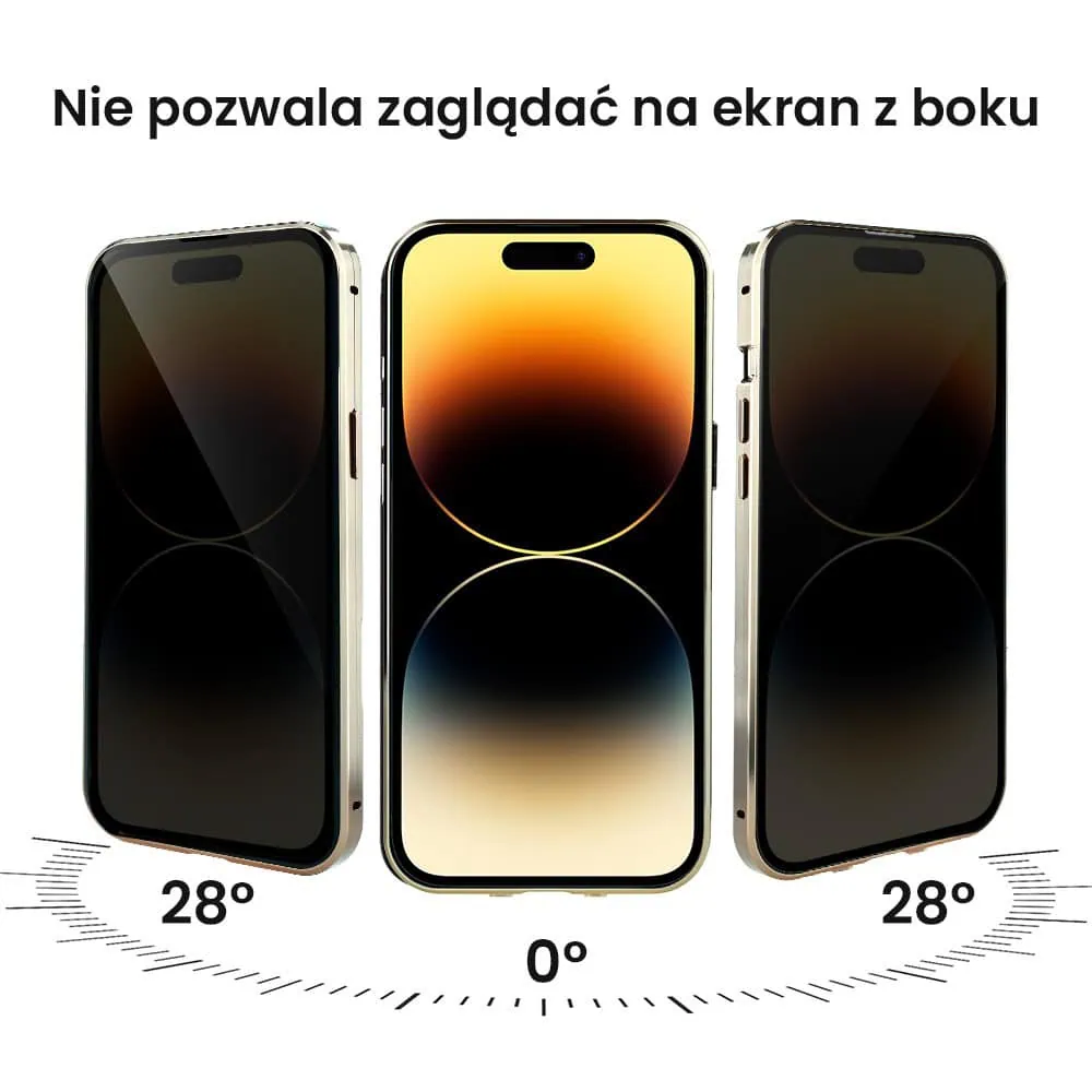 Obudowa do iPhone 14 Pro, podwójna szyba i aluminium 360° przód + tył magnetyczna, z osłoną aparatu i szkłem prywatyzującym, złota