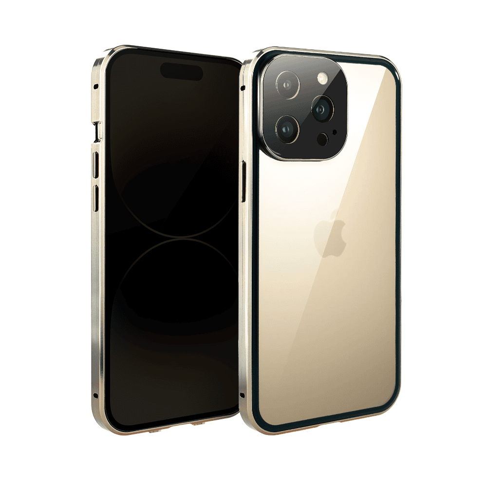 Obudowa do iPhone 14 Pro, podwójna szyba i aluminium 360° przód + tył magnetyczna, z osłoną aparatu i szkłem prywatyzującym, złota