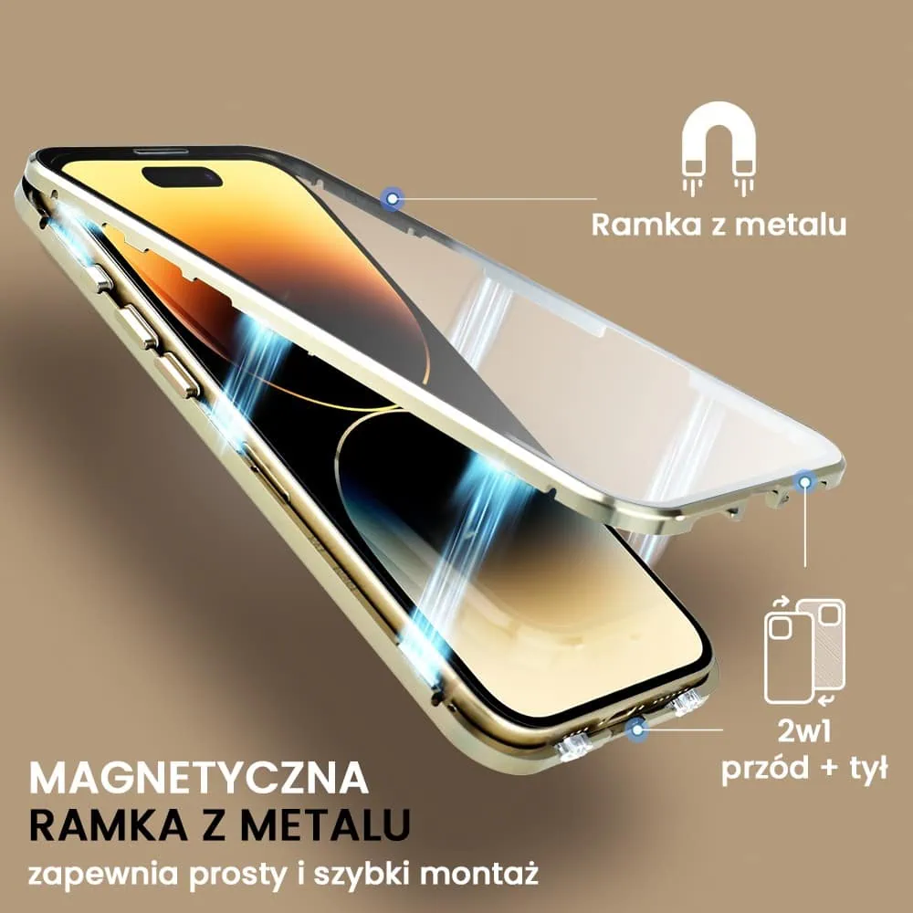 Obudowa do iPhone 14 Pro, podwójna szyba i aluminium 360° przód + tył magnetyczna, z osłoną aparatu i szkłem prywatyzującym, złota