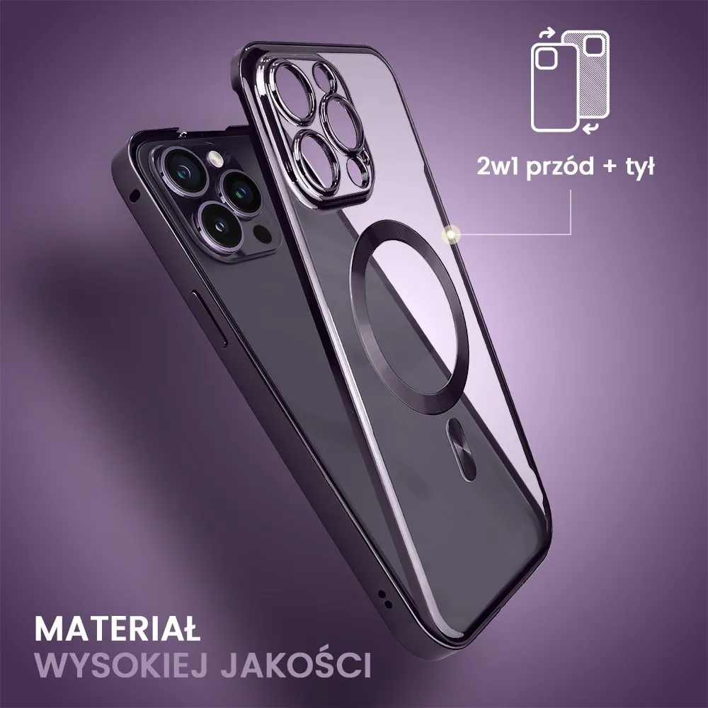 Obudowa do iPhone 14 Pro, podwójna szyba i polerowane aluminium 360° zamykany przód + tył z MagSafe, purpurowa