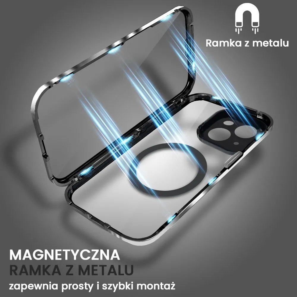Obudowa do iPhone 14 podwójna szyba i aluminium 360° przód + tył magnetyczna, z Magsafe i osłoną aparatu, czarna