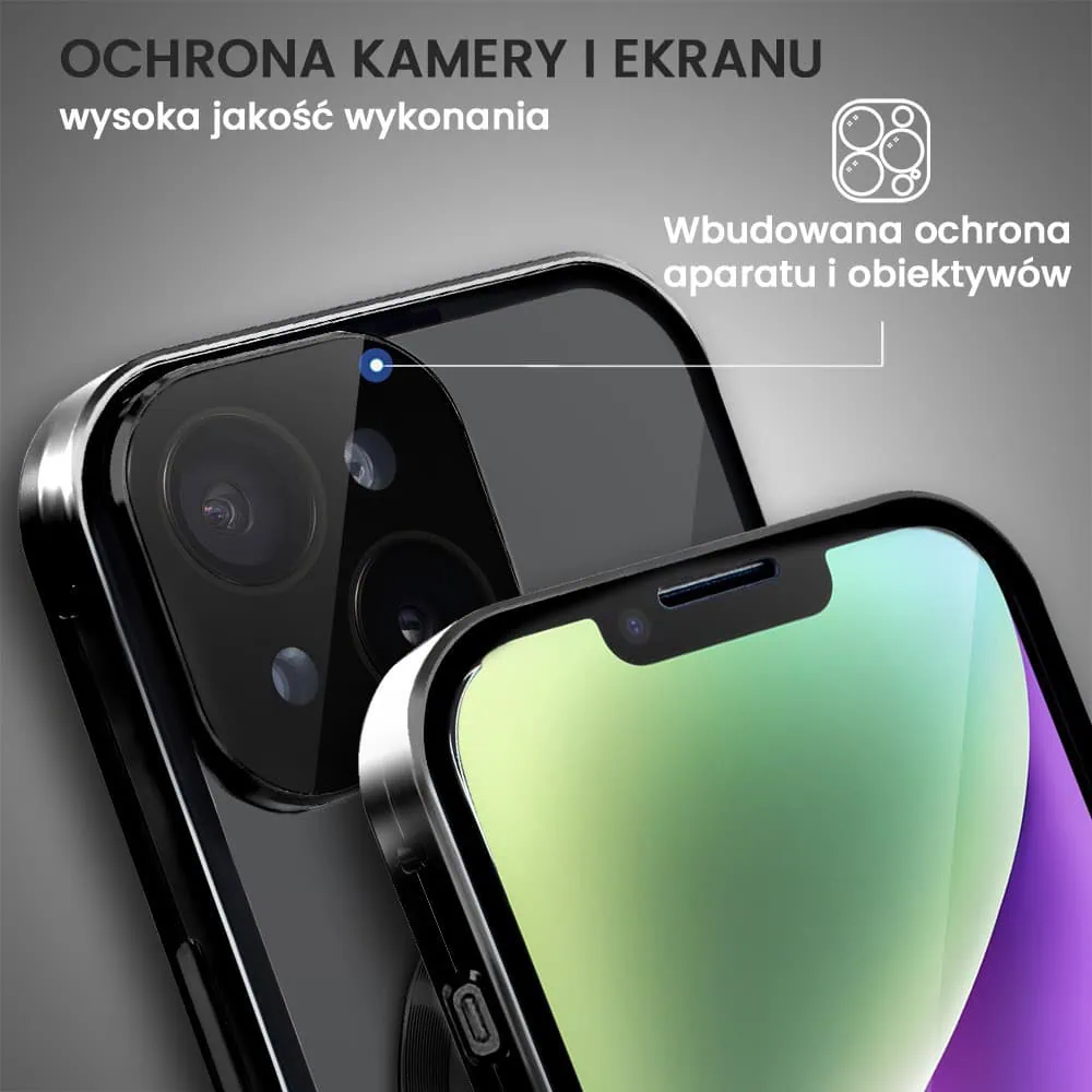 Obudowa do iPhone 14 podwójna szyba i aluminium 360° przód + tył magnetyczna, z Magsafe i osłoną aparatu, czarna