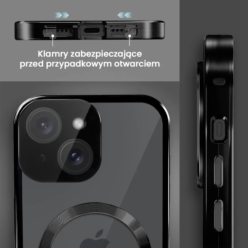 Obudowa do iPhone 14 podwójna szyba i aluminium 360° przód + tył magnetyczna, z Magsafe i osłoną aparatu, czarna