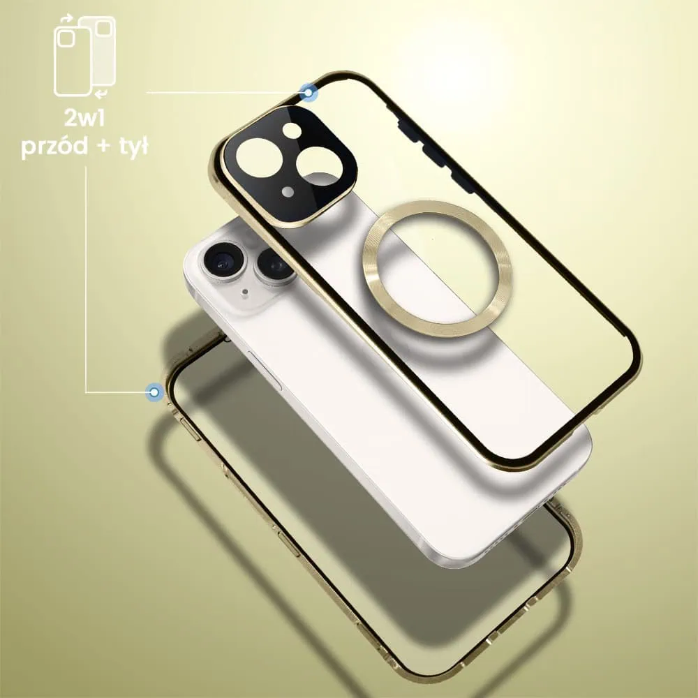 Obudowa do iPhone 14 podwójna szyba i aluminium 360° przód + tył magnetyczna, z Magsafe i osłoną aparatu, złota