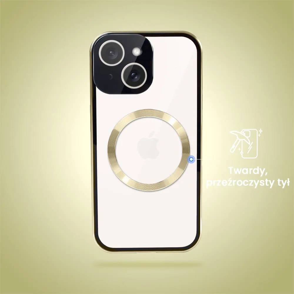 Obudowa do iPhone 14 podwójna szyba i aluminium 360° przód + tył magnetyczna, z Magsafe i osłoną aparatu, złota