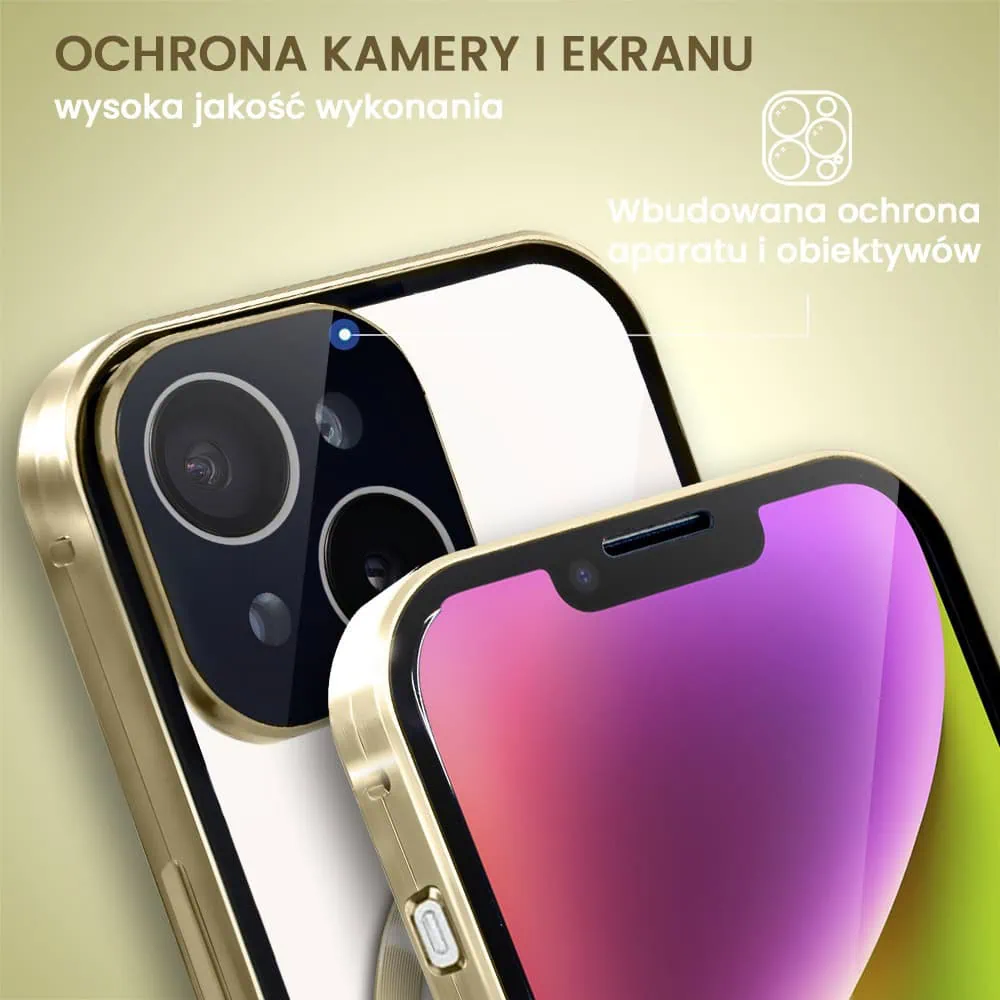 Obudowa do iPhone 14 podwójna szyba i aluminium 360° przód + tył magnetyczna, z Magsafe i osłoną aparatu, złota
