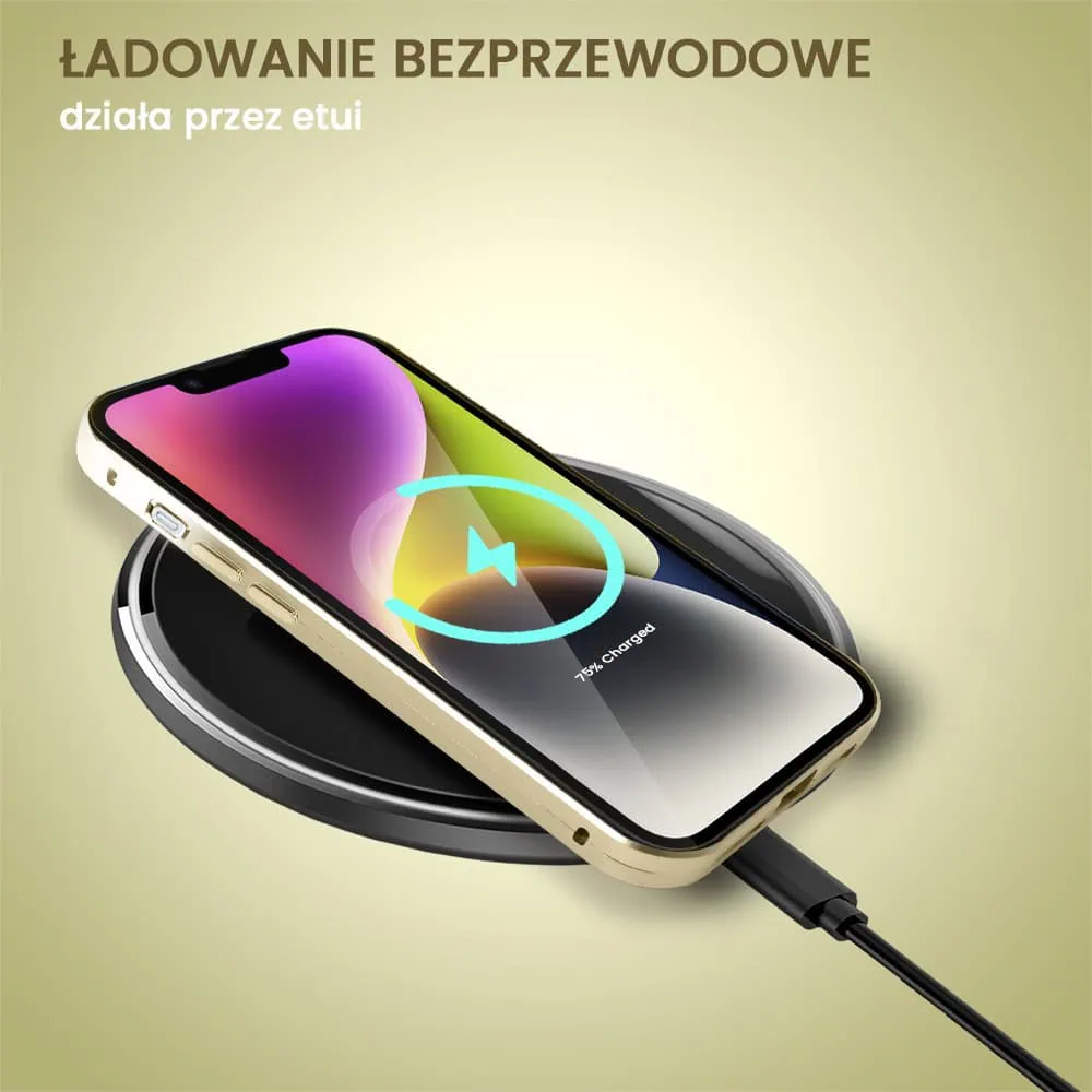 Obudowa do iPhone 14 podwójna szyba i aluminium 360° przód + tył magnetyczna, z Magsafe i osłoną aparatu, złota