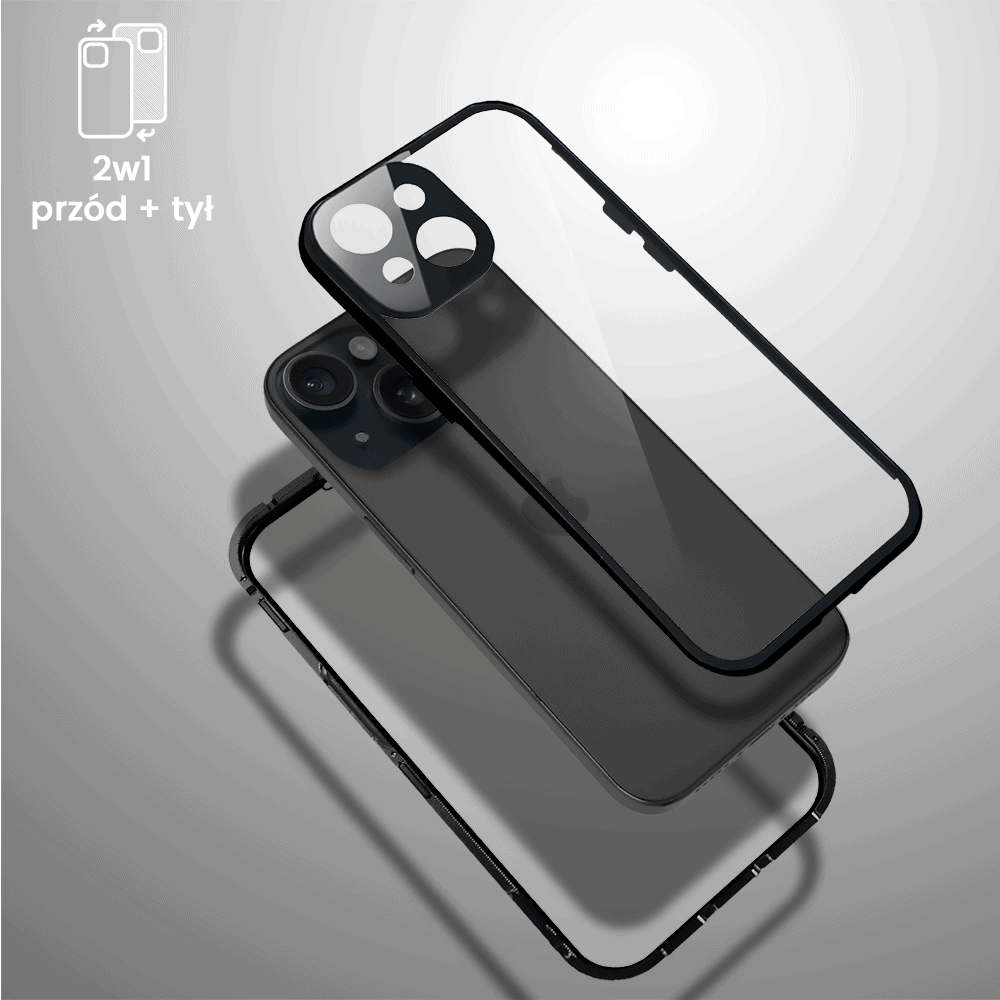 Obudowa do iPhone 14, podwójna szyba i aluminium 360° przód + tył magnetyczna, z osłoną aparatu i szkłem prywatyzującym, czarna