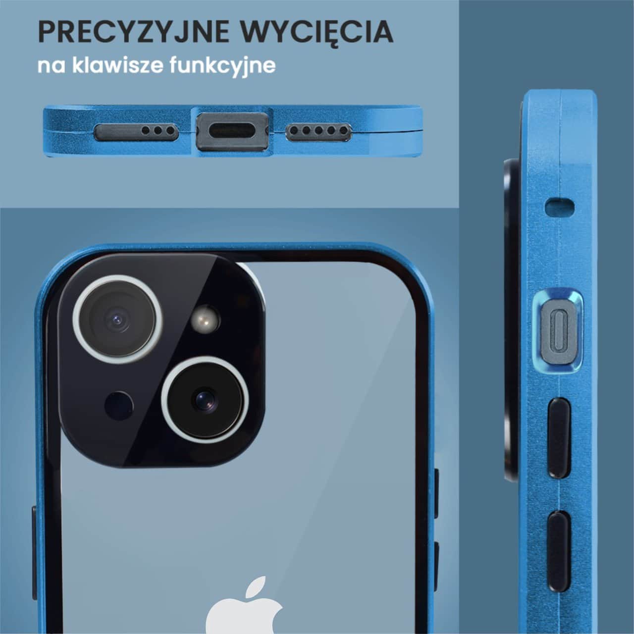 Obudowa do iPhone 14, podwójna szyba i aluminium 360° przód + tył magnetyczna, z osłoną aparatu, niebieska