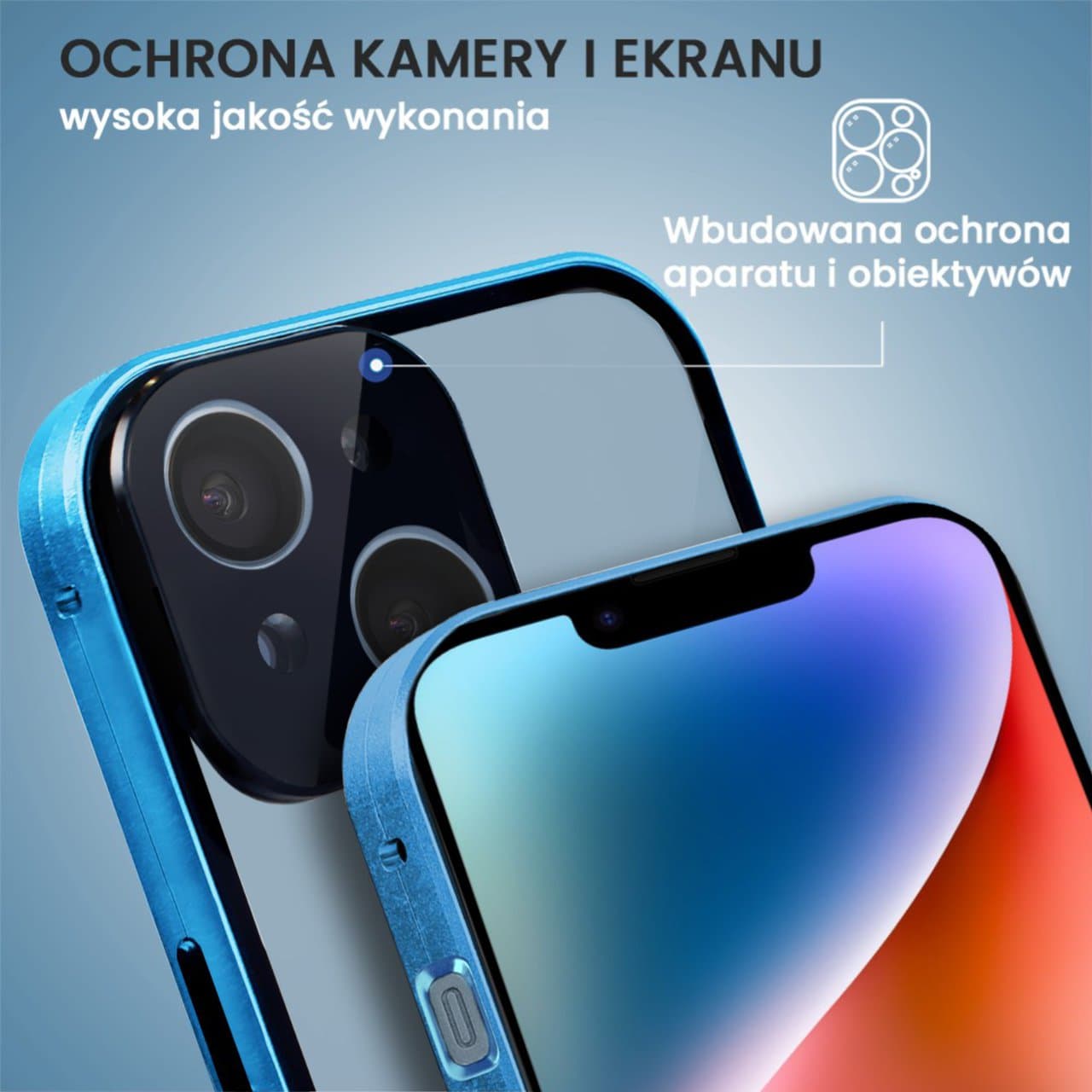 Obudowa do iPhone 14, podwójna szyba i aluminium 360° przód + tył magnetyczna, z osłoną aparatu, niebieska
