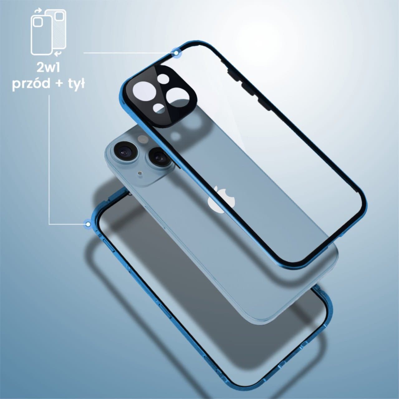 Obudowa do iPhone 14, podwójna szyba i aluminium 360° przód + tył magnetyczna, z osłoną aparatu, niebieska