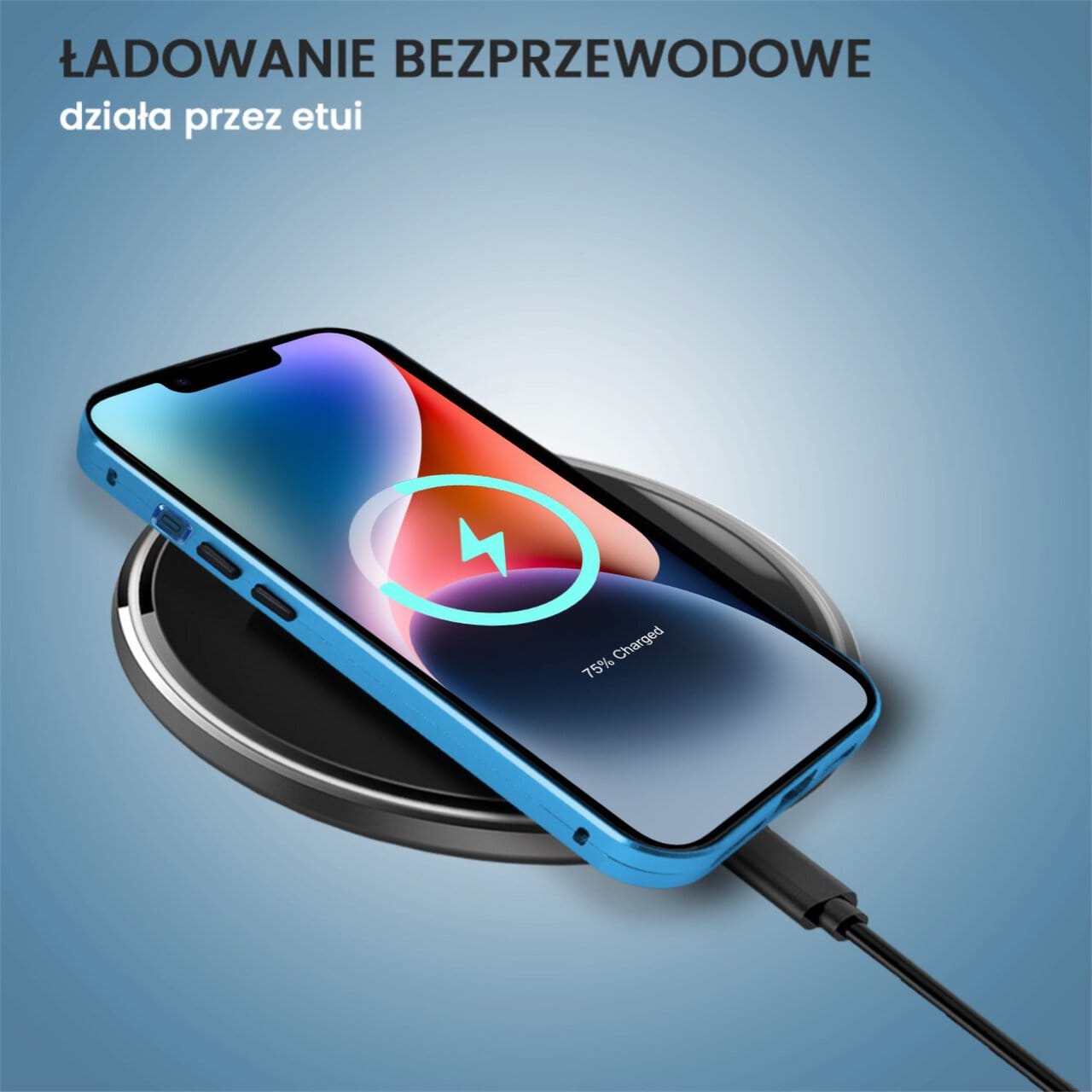 Obudowa do iPhone 14, podwójna szyba i aluminium 360° przód + tył magnetyczna, z osłoną aparatu, niebieska