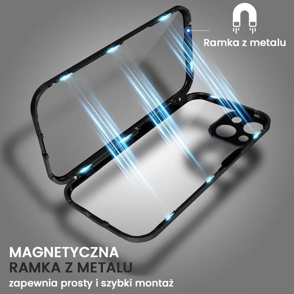 Obudowa do iPhone 14 podwójna szyba i aluminium 360° przód + tył magnetyczna, z osłoną aparatu, czarna
