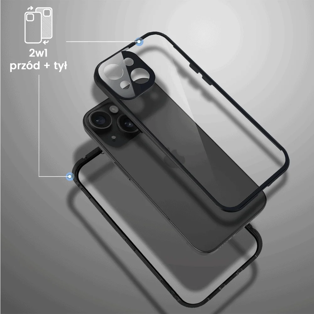 Obudowa do iPhone 14 podwójna szyba i aluminium 360° przód + tył magnetyczna, z osłoną aparatu, czarna