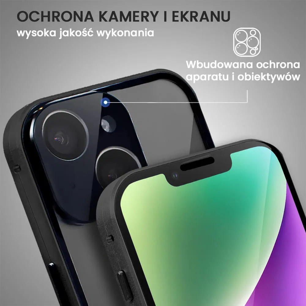 Obudowa do iPhone 14 podwójna szyba i aluminium 360° przód + tył magnetyczna, z osłoną aparatu, czarna