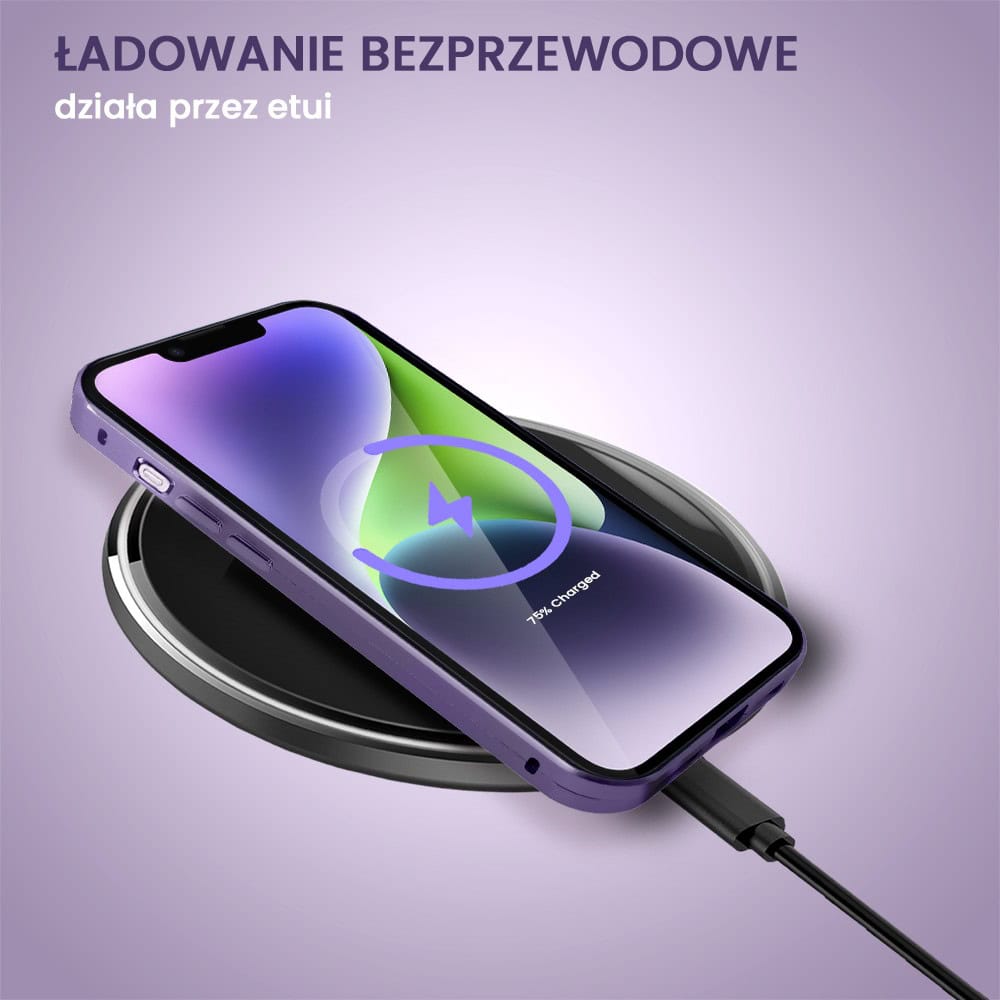 Obudowa do iPhone 14 podwójna szyba i polerowane aluminium 360° magnetyczna, z osłoną aparatu, fioletowa