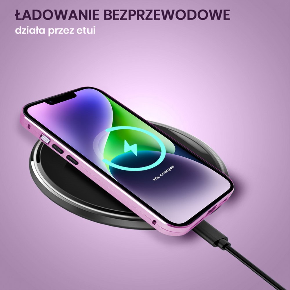 Obudowa do iPhone 14 podwójna szyba i aluminium 360° przód + tył magnetyczna, z osłoną aparatu, fioletowa