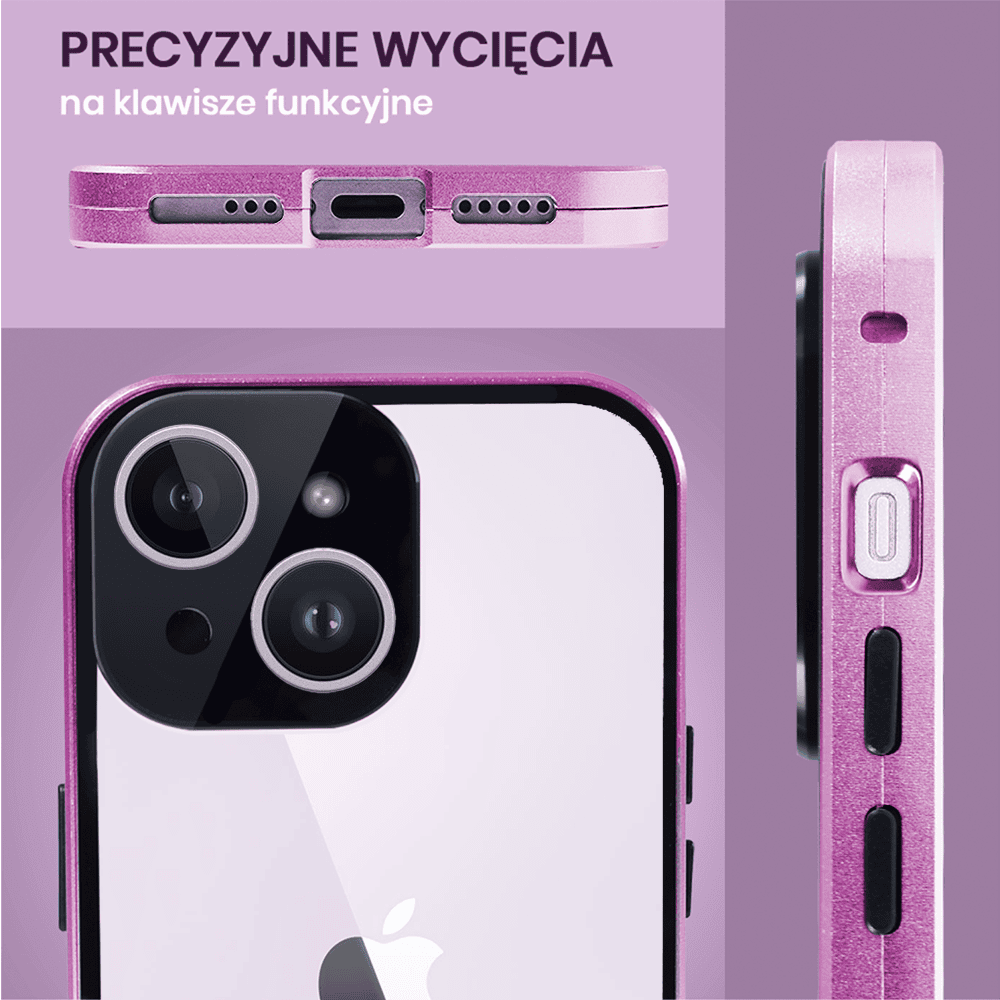 Obudowa do iPhone 14 podwójna szyba i aluminium 360° przód + tył magnetyczna, z osłoną aparatu, fioletowa