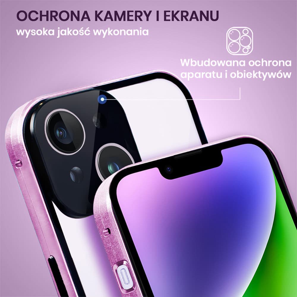 Obudowa do iPhone 14 podwójna szyba i aluminium 360° przód + tył magnetyczna, z osłoną aparatu, fioletowa