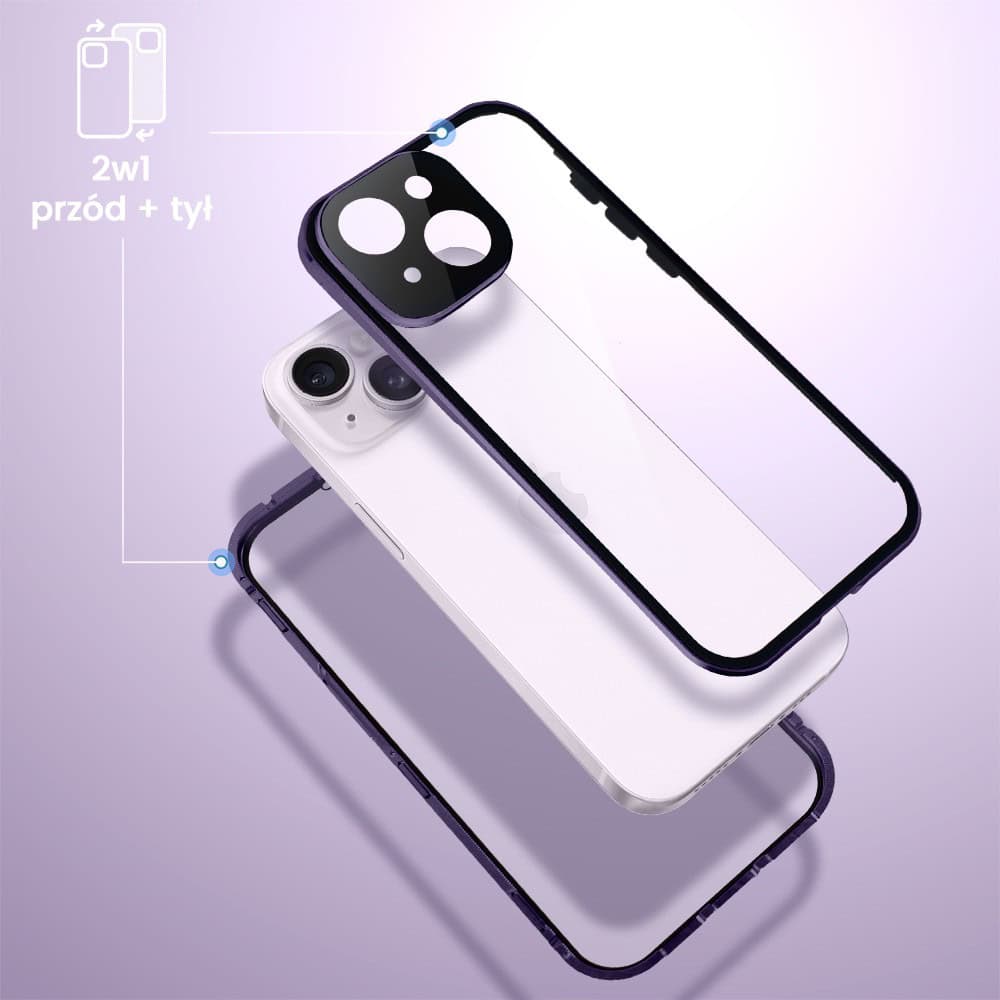 Obudowa do iPhone 14 podwójna szyba i polerowane aluminium 360° magnetyczna, z osłoną aparatu, fioletowa