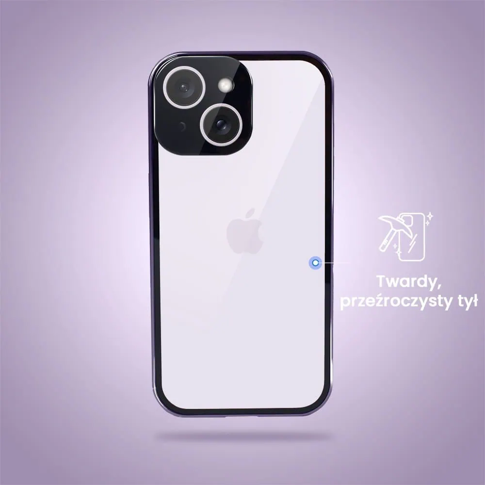 Obudowa do iPhone 14 podwójna szyba i polerowane aluminium 360° magnetyczna, z osłoną aparatu, fioletowa