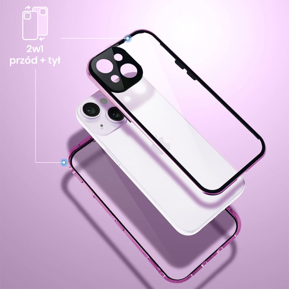 Obudowa do iPhone 14 podwójna szyba i aluminium 360° przód + tył magnetyczna, z osłoną aparatu, fioletowa