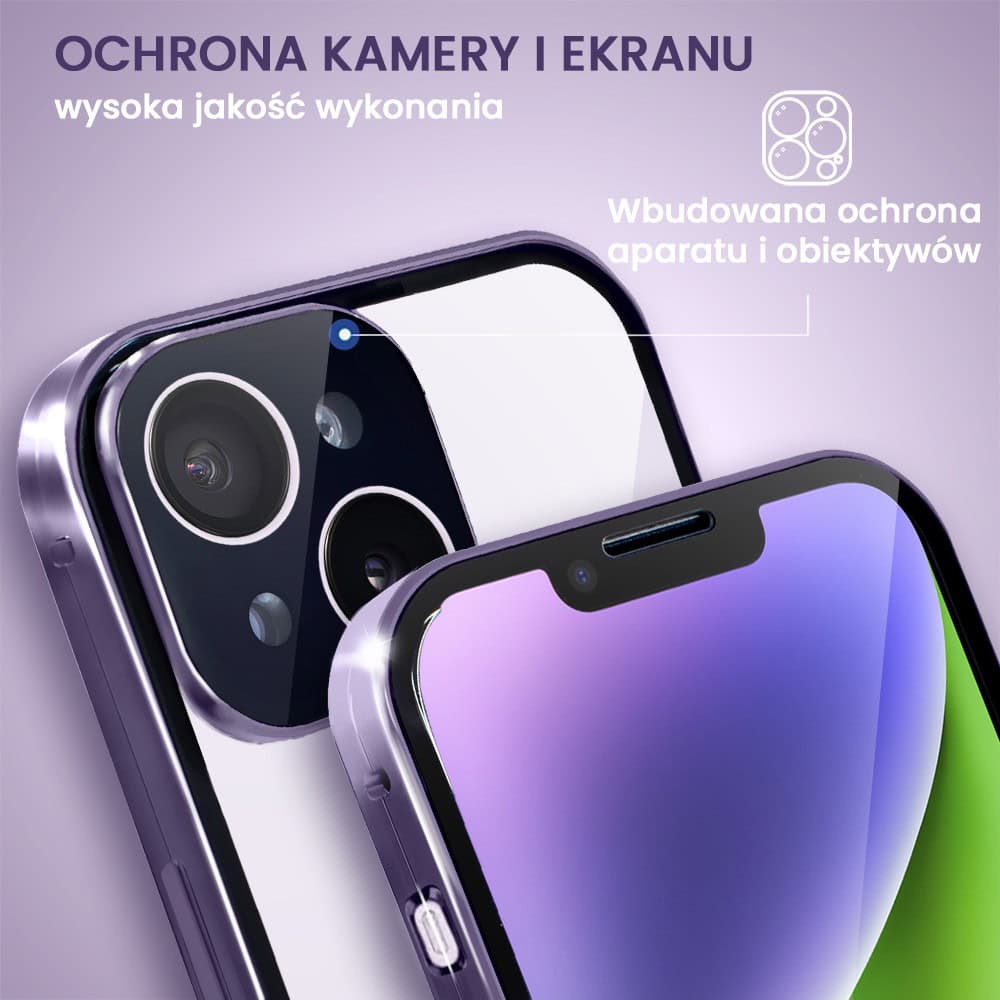 Obudowa do iPhone 14 podwójna szyba i polerowane aluminium 360° magnetyczna, z osłoną aparatu, fioletowa