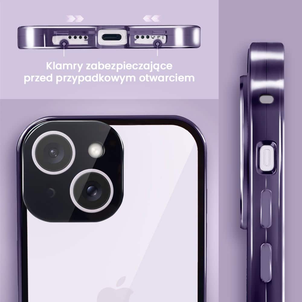 Obudowa do iPhone 14 podwójna szyba i polerowane aluminium 360° magnetyczna, z osłoną aparatu, fioletowa