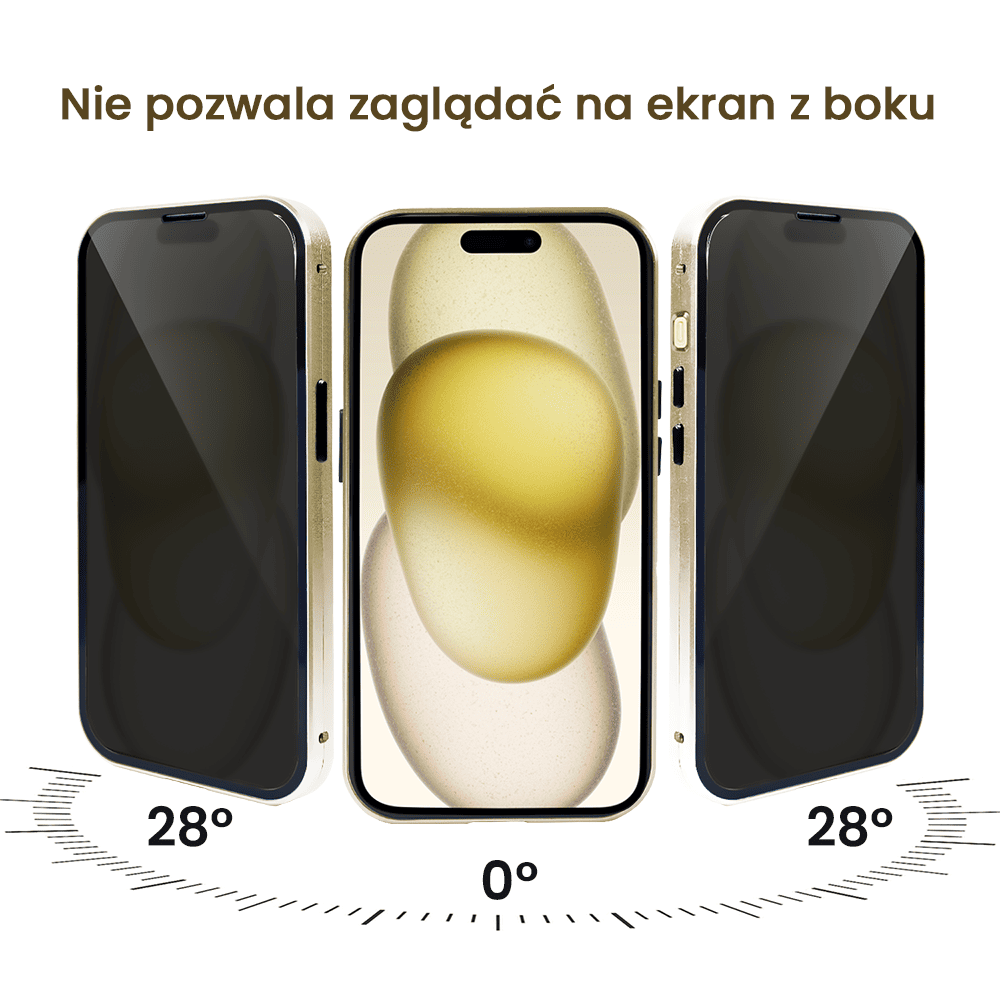 Obudowa do iPhone 15 Plus, podwójna szyba i aluminium 360° przód + tył magnetyczna, z osłoną aparatu i szkłem prywatyzującym, złota