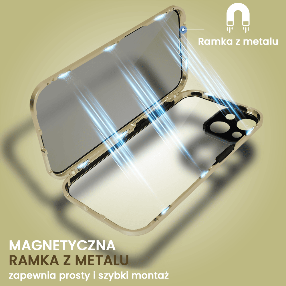 Obudowa do iPhone 15 Plus, podwójna szyba i aluminium 360° przód + tył magnetyczna, z osłoną aparatu i szkłem prywatyzującym, złota