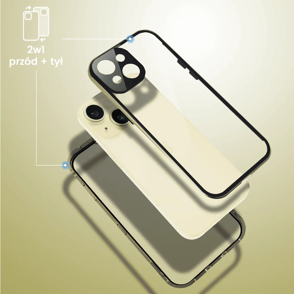 Obudowa do iPhone 15 Plus, podwójna szyba i aluminium 360° przód + tył magnetyczna, z osłoną aparatu i szkłem prywatyzującym, złota