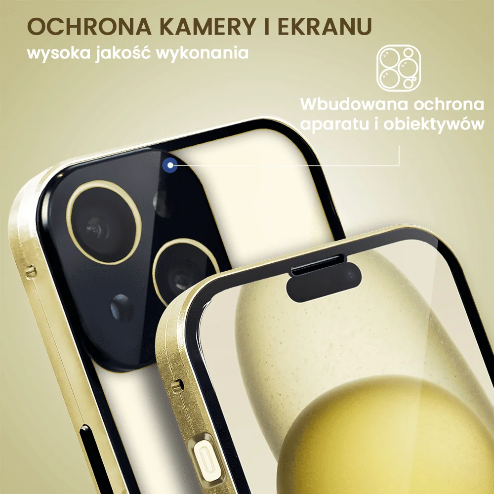 Obudowa do iPhone 15 Plus, podwójna szyba i aluminium 360° przód + tył magnetyczna, z osłoną aparatu i szkłem prywatyzującym, złota