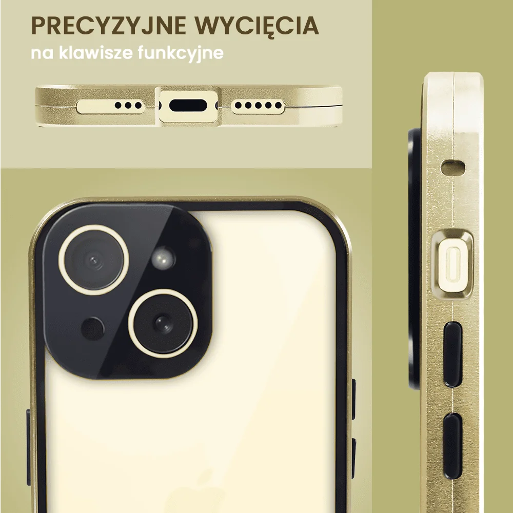Obudowa do iPhone 15 Plus, podwójna szyba i aluminium 360° przód + tył magnetyczna, z osłoną aparatu i szkłem prywatyzującym, złota