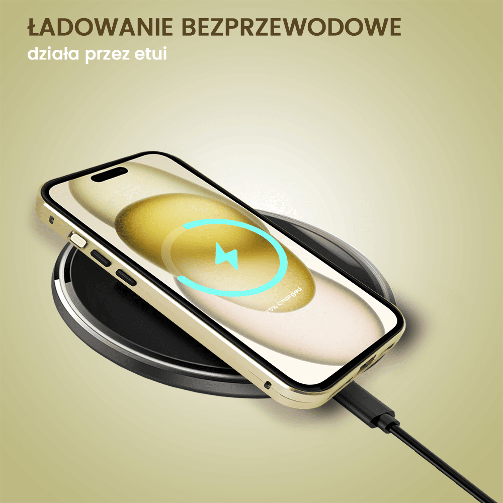 Obudowa do iPhone 15 Plus, podwójna szyba i aluminium 360° przód + tył magnetyczna, z osłoną aparatu i szkłem prywatyzującym, złota