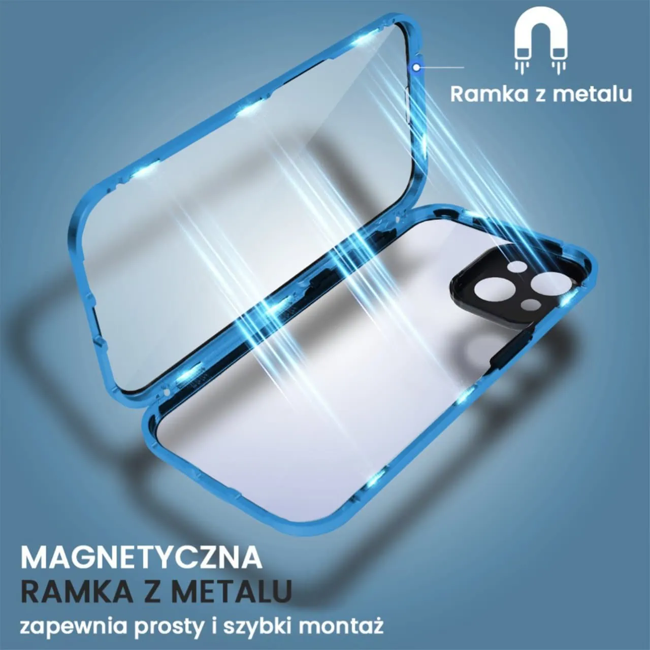 Obudowa do iPhone 15 Plus, podwójna szyba i aluminium 360° przód + tył magnetyczna, z osłoną aparatu, niebieska