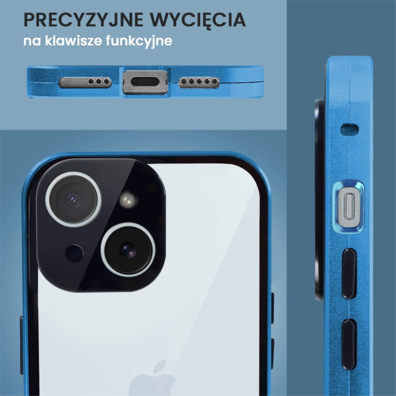 Obudowa do iPhone 15 Plus, podwójna szyba i aluminium 360° przód + tył magnetyczna, z osłoną aparatu, niebieska