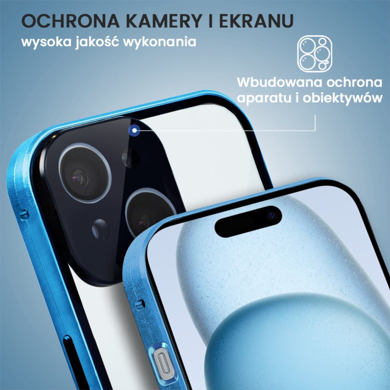 Obudowa do iPhone 15 Plus, podwójna szyba i aluminium 360° przód + tył magnetyczna, z osłoną aparatu, niebieska