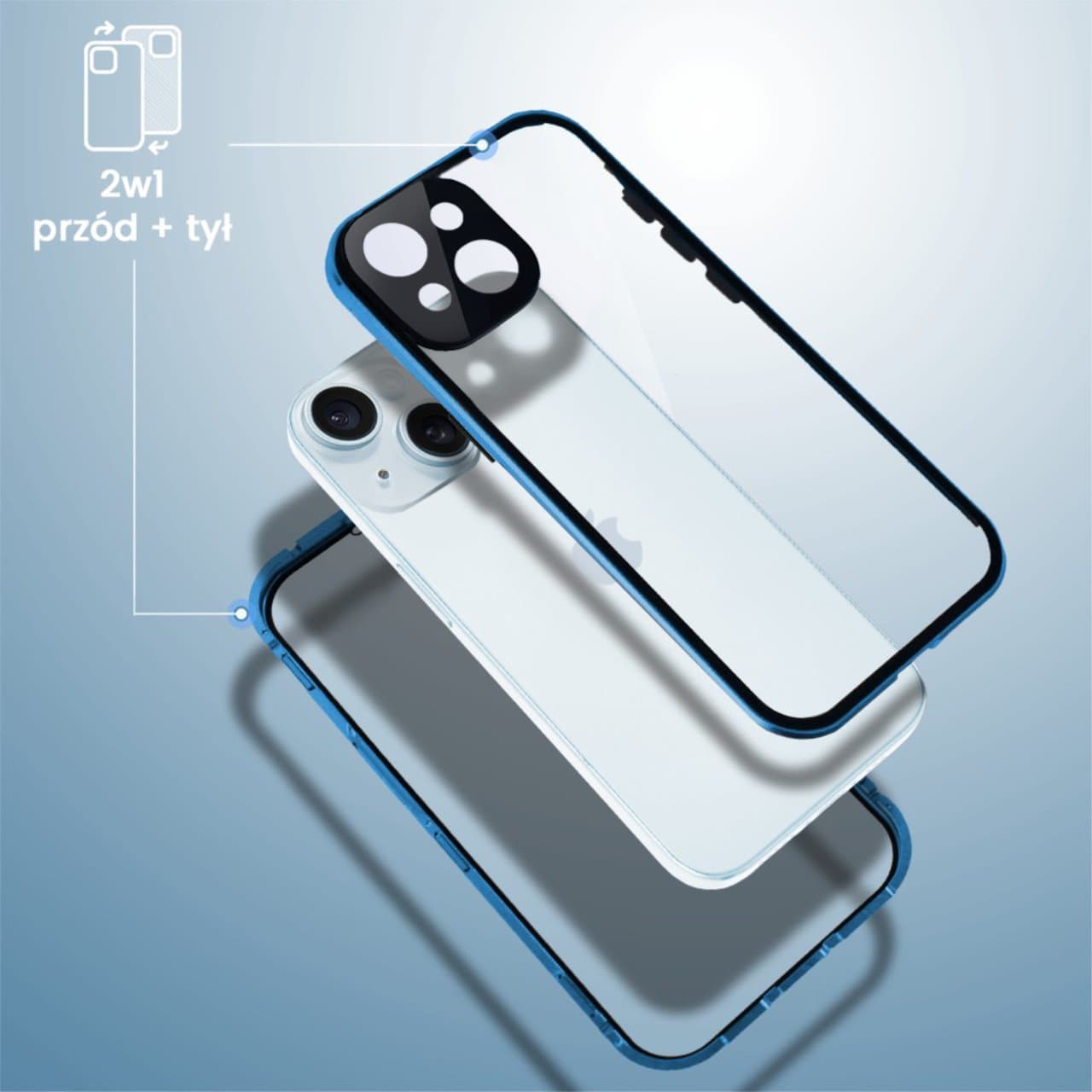 Obudowa do iPhone 15 Plus, podwójna szyba i aluminium 360° przód + tył magnetyczna, z osłoną aparatu, niebieska