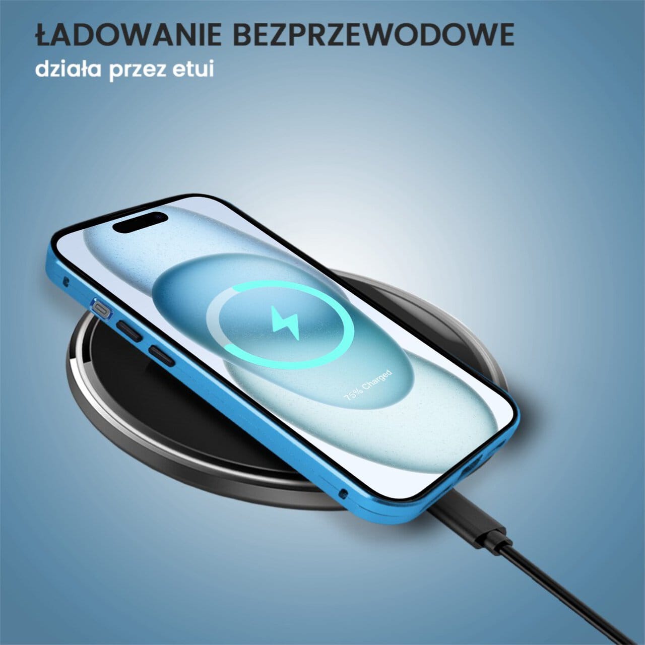 Obudowa do iPhone 15 Plus, podwójna szyba i aluminium 360° przód + tył magnetyczna, z osłoną aparatu, niebieska