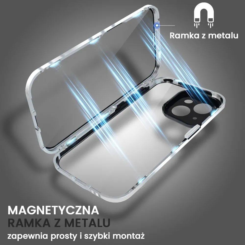 Obudowa do iPhone 15 Plus, podwójna szyba i polerowane aluminium 360° magnetyczna, z osłoną aparatu, srebrna