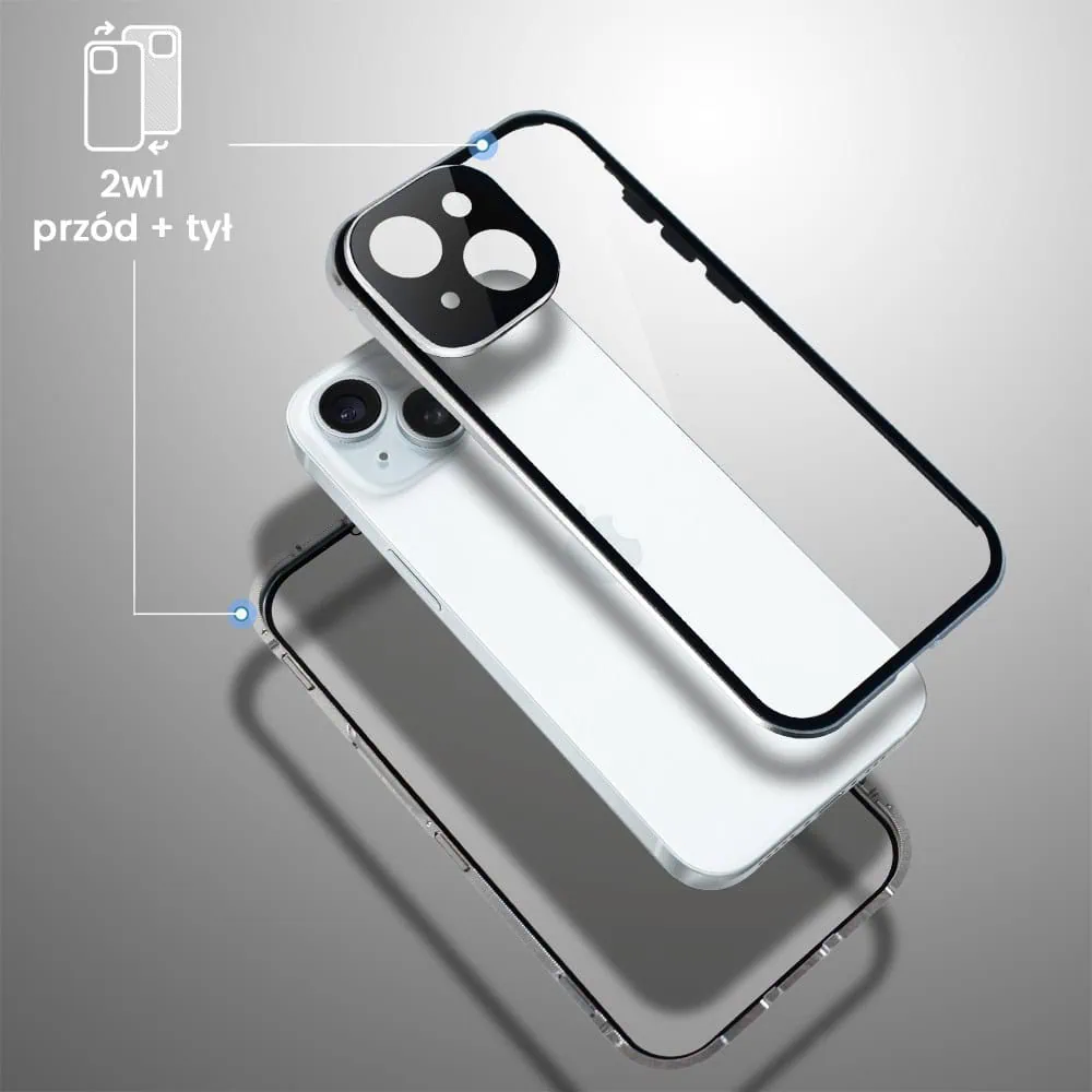 Obudowa do iPhone 15 Plus, podwójna szyba i polerowane aluminium 360° magnetyczna, z osłoną aparatu, srebrna