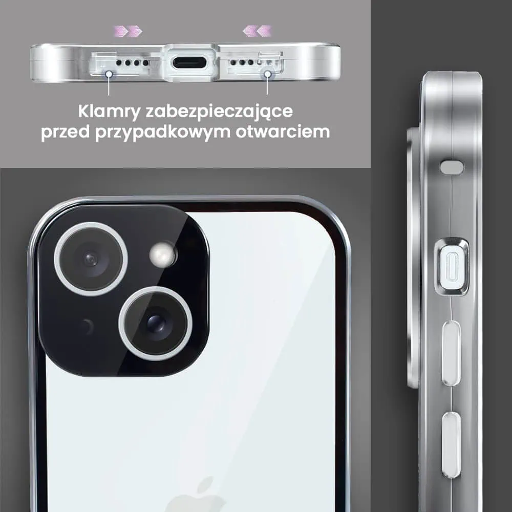 Obudowa do iPhone 15 Plus, podwójna szyba i polerowane aluminium 360° magnetyczna, z osłoną aparatu, srebrna
