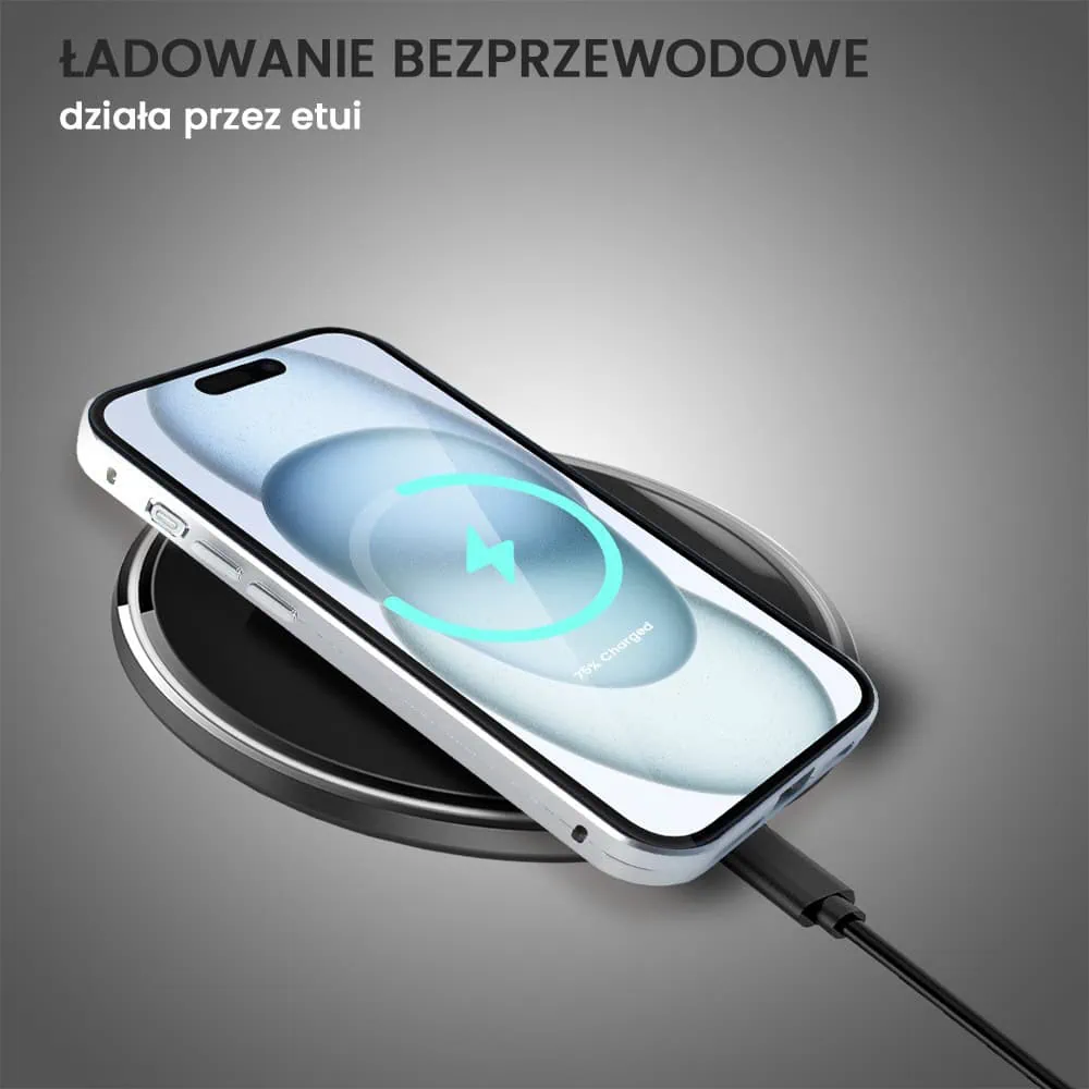 Obudowa do iPhone 15 Plus, podwójna szyba i polerowane aluminium 360° magnetyczna, z osłoną aparatu, srebrna