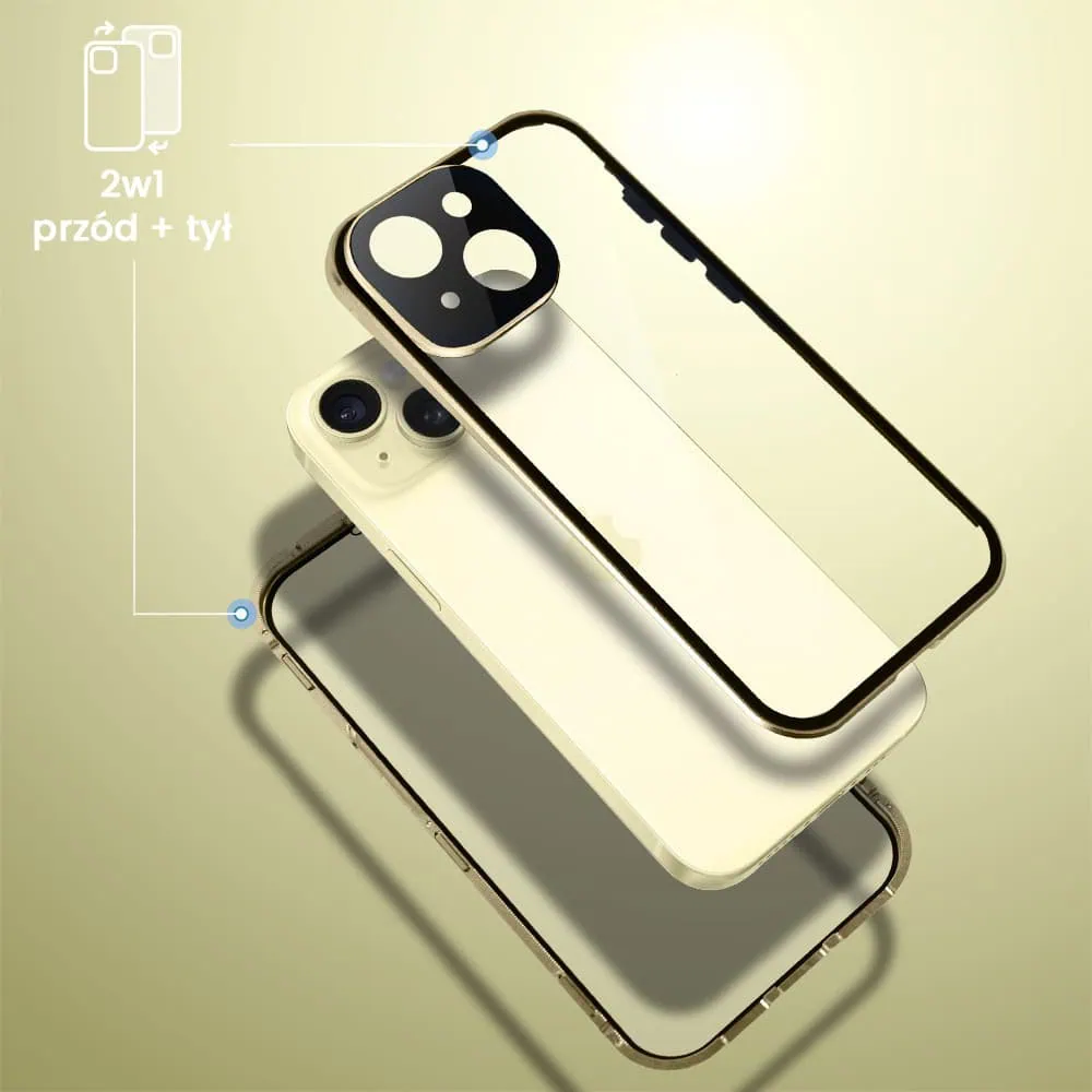 Obudowa do iPhone 15, podwójna szyba i polerowane aluminium 360° magnetyczna, z osłoną aparatu, złota