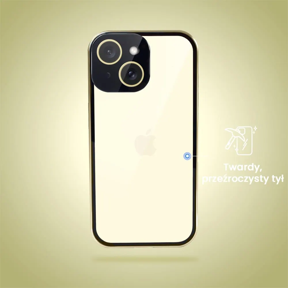 Obudowa do iPhone 15, podwójna szyba i polerowane aluminium 360° magnetyczna, z osłoną aparatu, złota