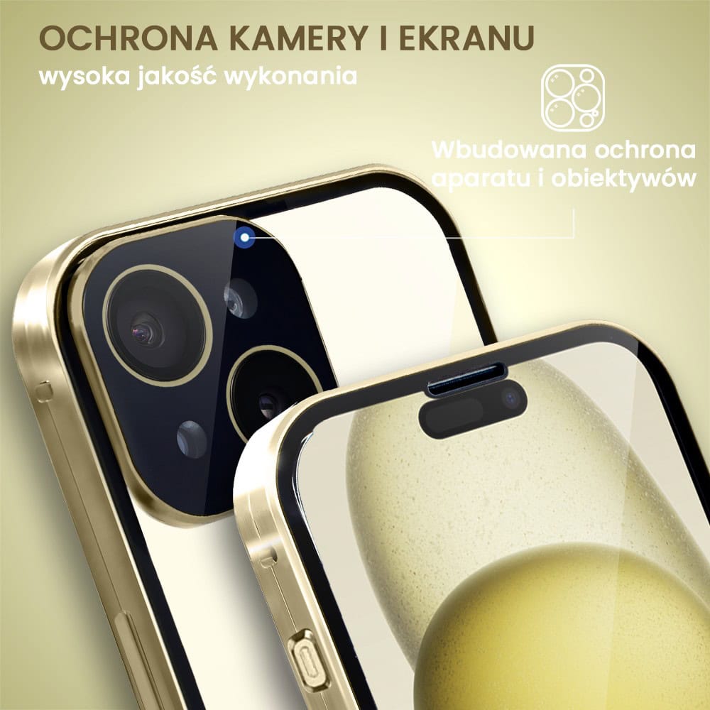 Obudowa do iPhone 15, podwójna szyba i polerowane aluminium 360° magnetyczna, z osłoną aparatu, złota